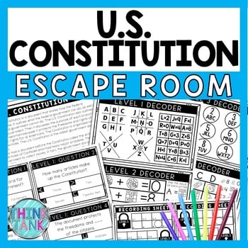 U.S. Constitution Escape Room - Task Cards - Reading Comprehension
