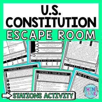 US Constitution Escape Room Stations - Reading Comprehension Activity