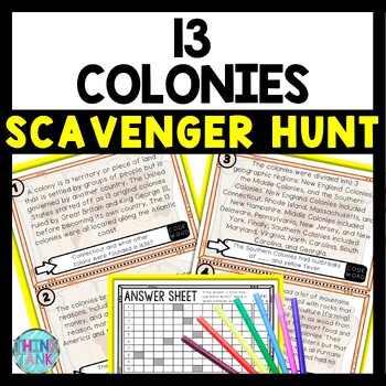 13 Colonies Scavenger Hunt Reading Comprehension Activity