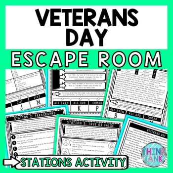 Veterans Day Escape Room Stations - Reading Comprehension Activity