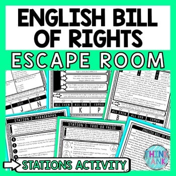 English Bill of Rights Escape Room Stations - Reading Comprehension Activity