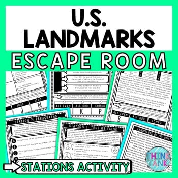 U.S. Landmarks Escape Room Stations - Reading Comprehension Activity