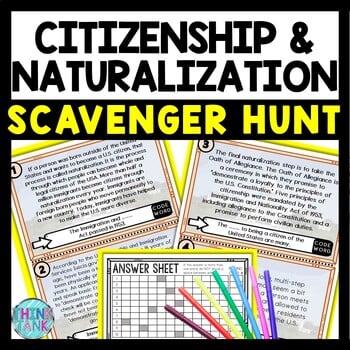 Citizenship and Naturalization Scavenger Hunt Reading Comprehension Activity