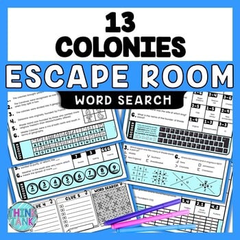 13 Colonies Escape Room Word Search - Reading Comprehension Stations