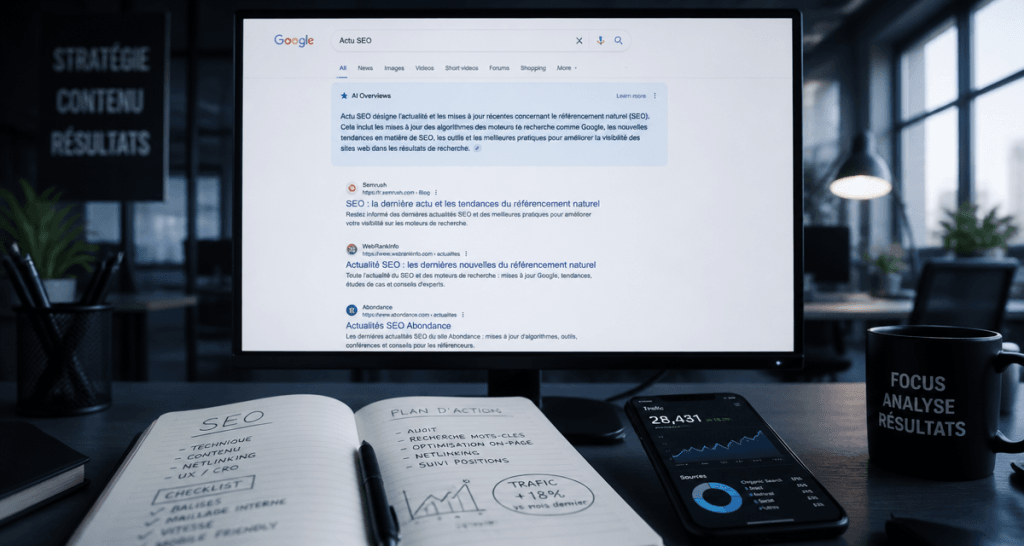 Actu SEO IA sur écran avec Google AI Overviews