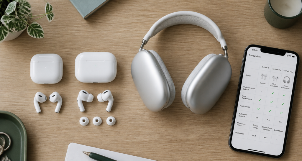 Comparatif AirPods, AirPods 4, Pro 3 et Max côte à côte