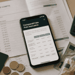 Comparatif des frais bancaires sur table bois avec calculatrice et smartphone