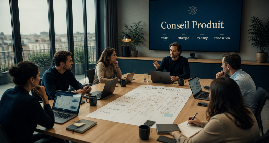 Réunion conseil product management en salle moderne