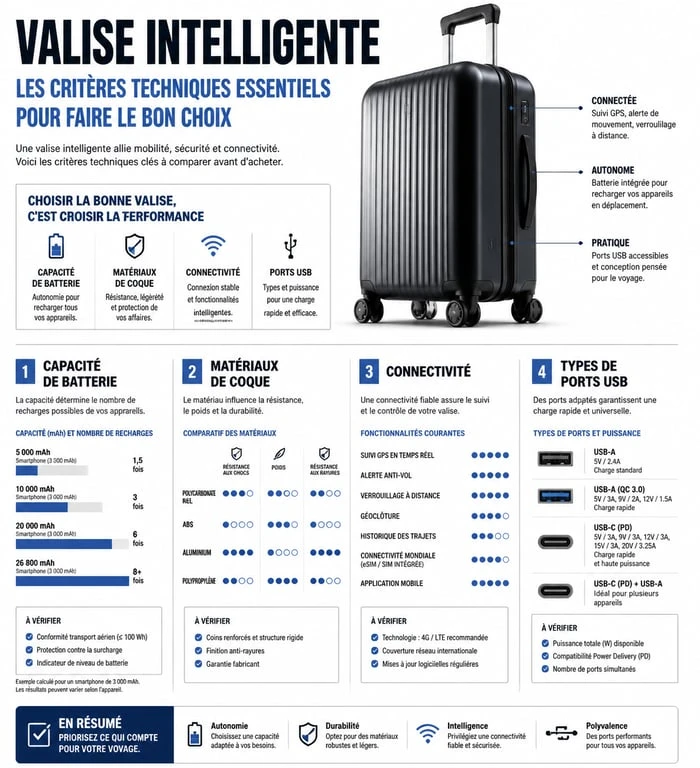 Infographie des critères techniques pour choisir une valise intelligente