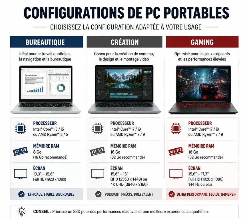 Infographie comparative des configurations PC portable selon l'usage