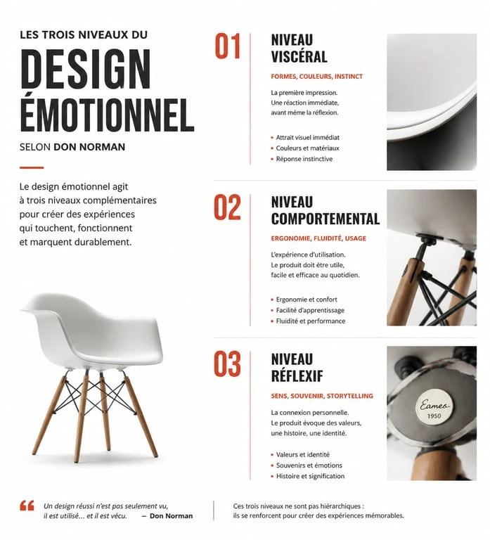 Infographie des trois niveaux du design émotionnel : viscéral, comportemental et réflexif