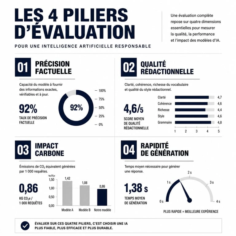 Infographie comparative des critères d'évaluation pour le compar ia : précision, qualité, impact carbone et rapidité.
