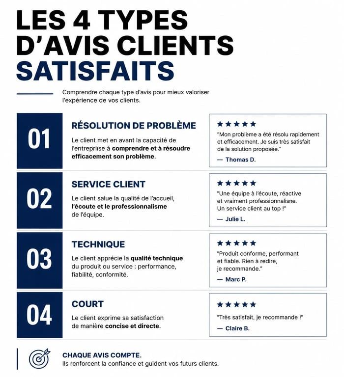 Infographie des 4 types d'exemples avis client satisfait pour améliorer la preuve sociale