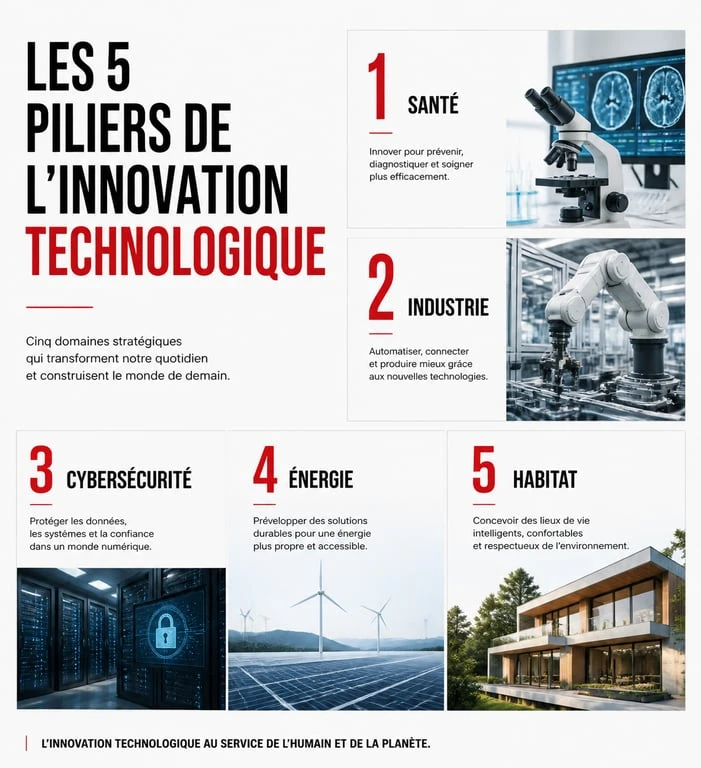 Infographie des secteurs clés de l'innovation technologique et leurs bénéfices