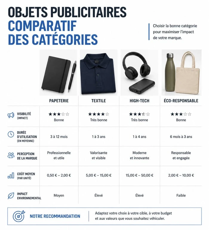 Infographie comparative des différentes catégories de goodies publicitaires : papeterie, textile, high-tech et éco-responsable.