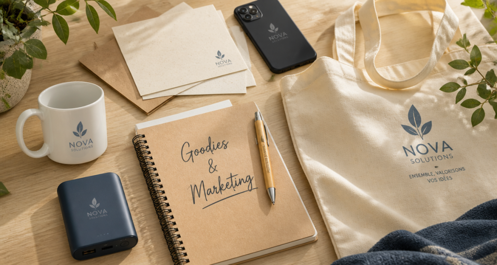 Goodies définition : objets publicitaires sur table