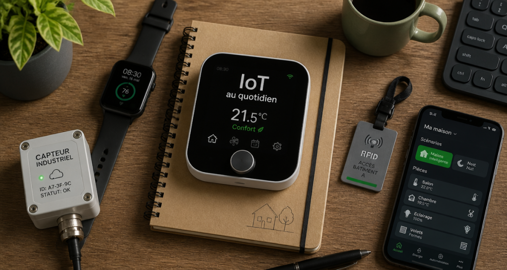 iot exemple avec objets connectés sur un bureau