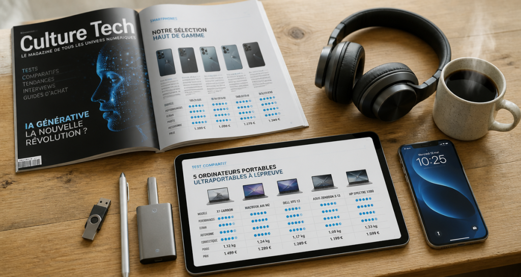magazine high tech ouvert avec accessoires