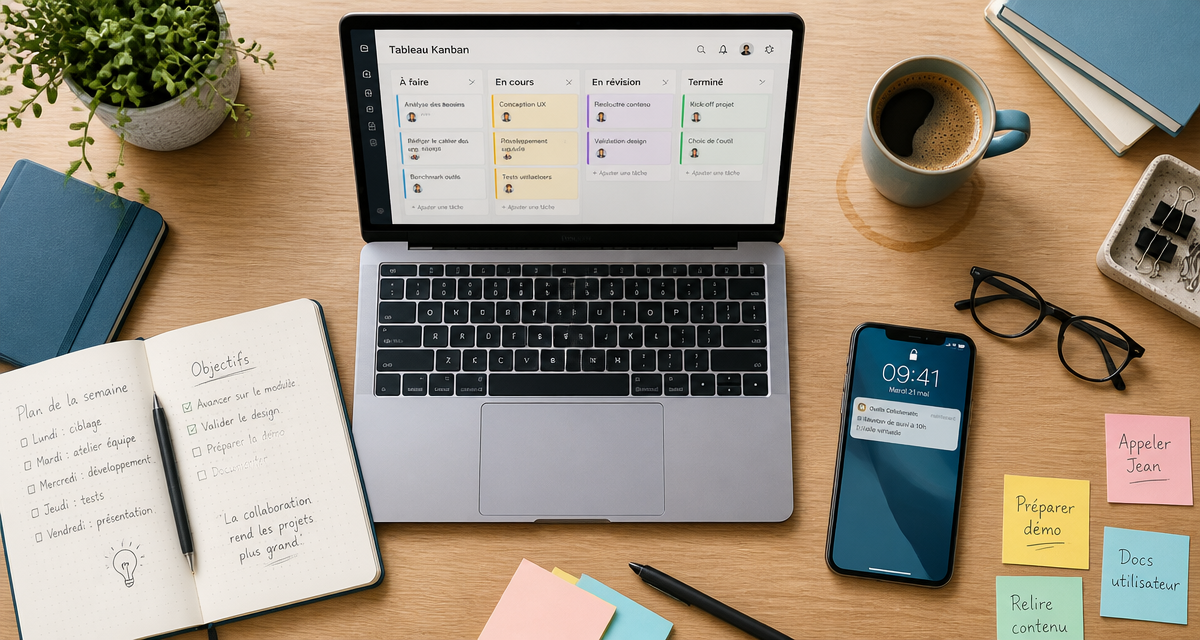 Outils collaboratif sur bureau avec Kanban et smartphone
