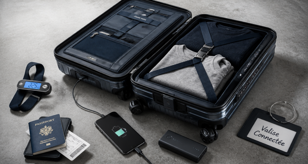 valise intelligente ouverte à l'aéroport avec batterie amovible