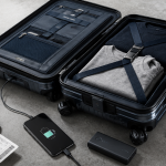valise intelligente ouverte à l'aéroport avec batterie amovible