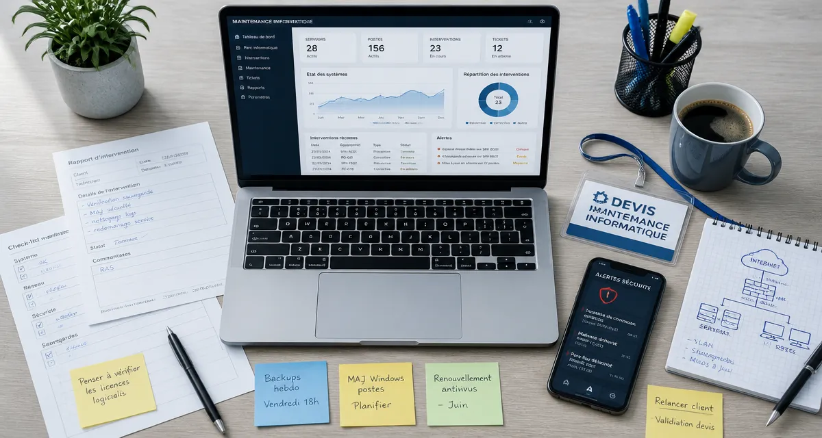devis maintenance informatique sur bureau avec ordinateur et documents