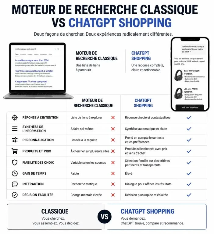 Comparatif des fonctionnalités entre moteur de recherche classique et ChatGPT Shopping pour le e-commerce
