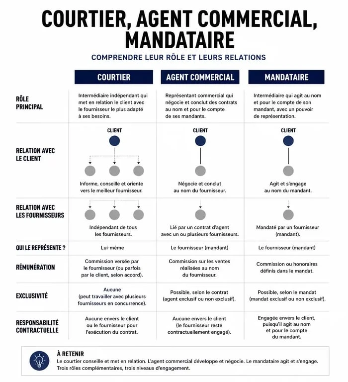 Infographie comparative des rôles : courtier, agent et mandataire pour comprendre le courtage