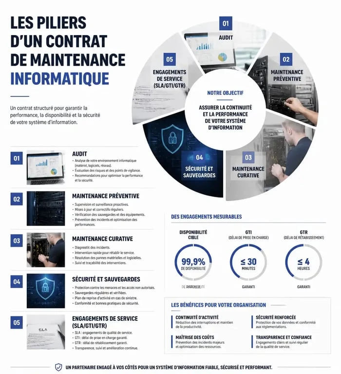 Infographie des piliers d'un devis de maintenance informatique pour entreprise