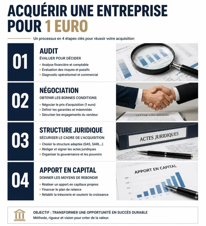 Processus de rachat d'une entreprise à 1 euro : étapes clés pour sécuriser la reprise