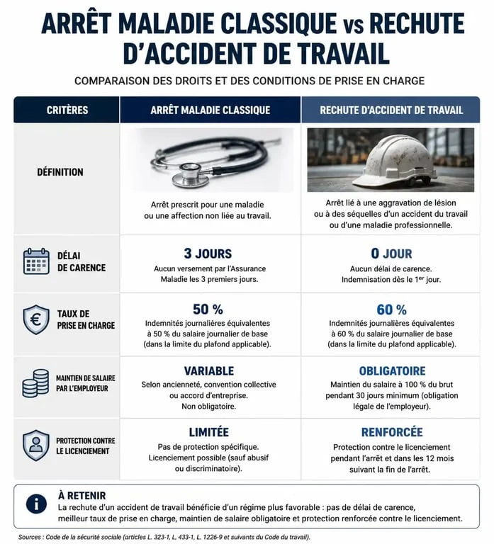 Tableau comparatif entre arrêt maladie classique et rechute accident de travail pour comprendre les délais et droits