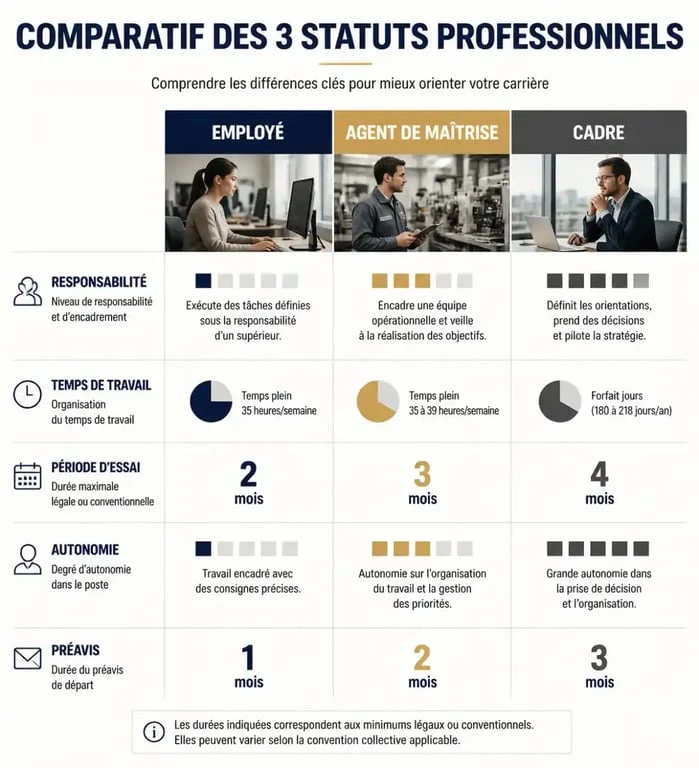 Tableau comparatif des statuts professionnels : employé, agent de maîtrise et cadre, détaillant les avantages et inconvénients de chaque poste.