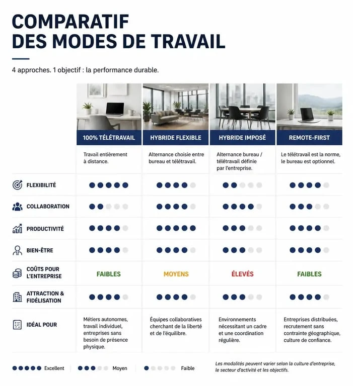 Tableau comparatif des modes de travail pour la génération télétravail : 100% télétravail, hybride et remote-first.
