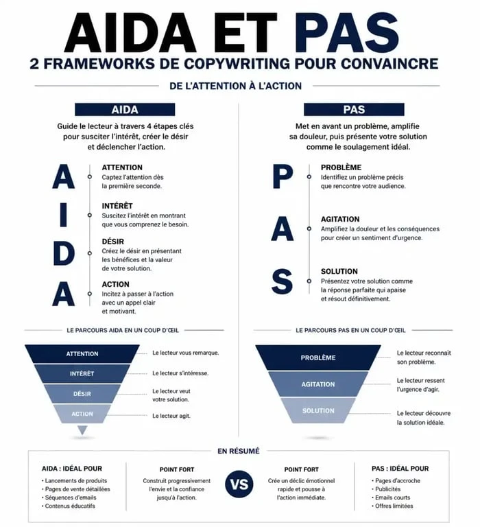 Infographie des frameworks AIDA et PAS pour un copywriting exemple efficace