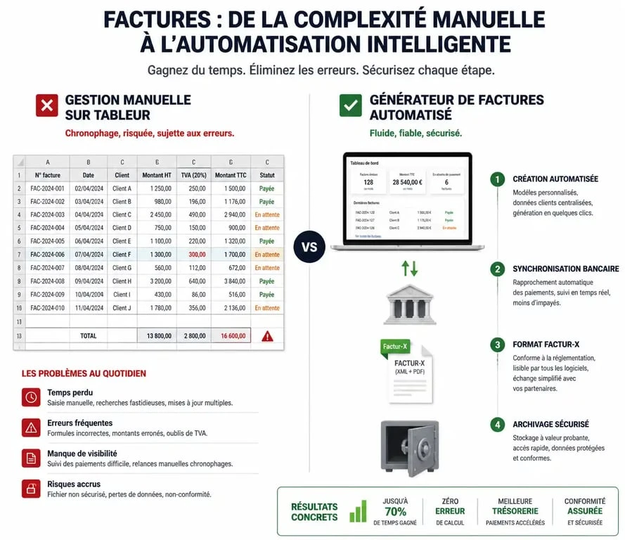Comparatif entre la facturation manuelle et le générateur de facture Simplifie-ta-compta pour une gestion comptable optimisée