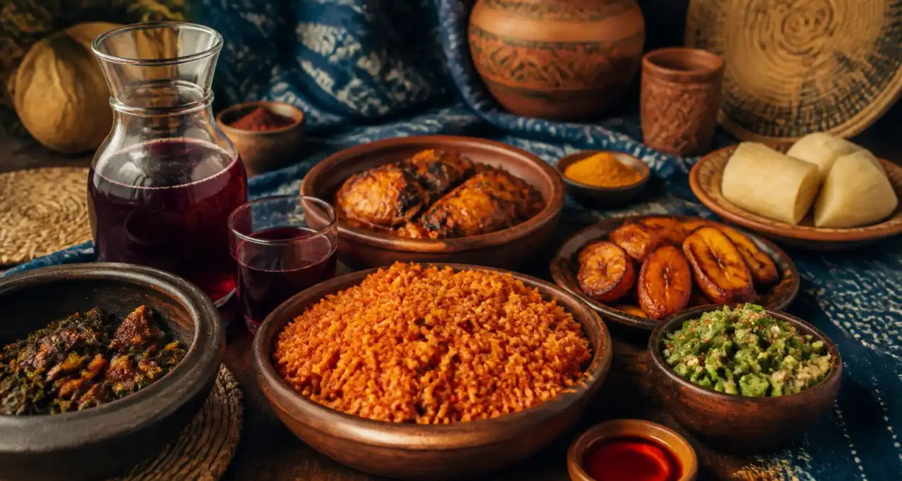 Table conviviale garnie de plats traditionnels d’Afrique subsaharienne, épices, poterie et étoffe indigo