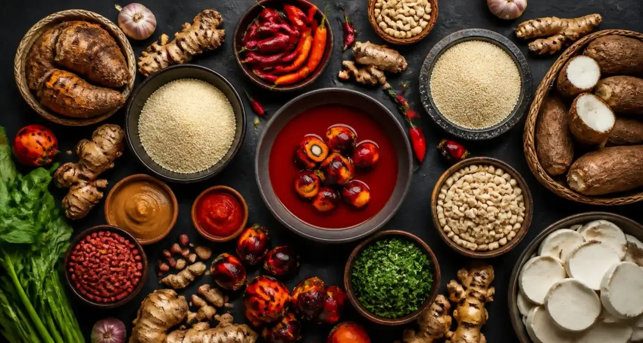 Ingrédients africains disposés sur une table