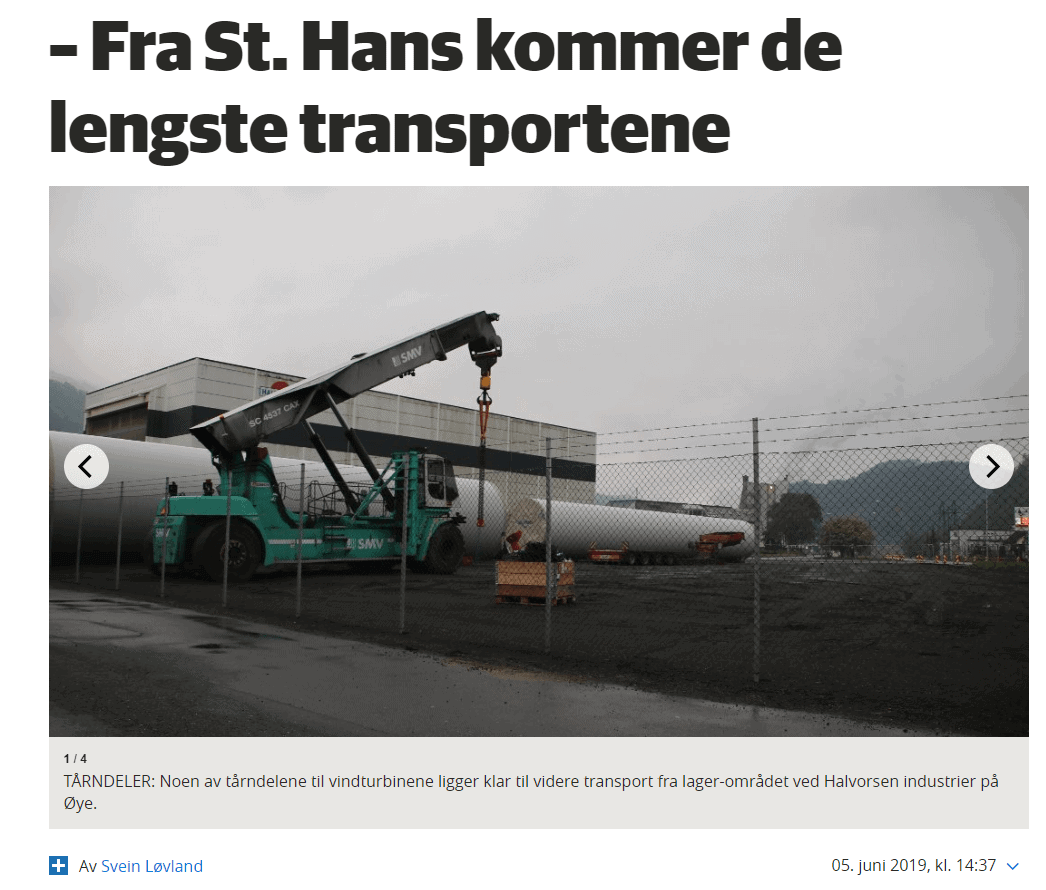 Svein Løvland skriver for Avisen Agder om transporten av vindturbindelene til Tonstad Vindpark. Uttalelse fra kommunikasjonsansvarlig Henriette Sarah Holberg