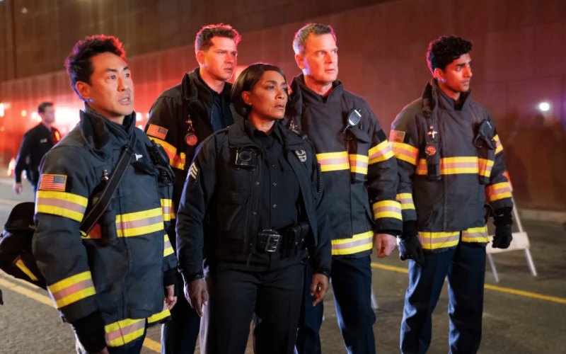 Cast of 9-1-1, including Peter Krause, Angela Bassett, Kenneth Choi, Oliver Stark, and Anirudh Pisharody. Courtesy of Disney+, 911