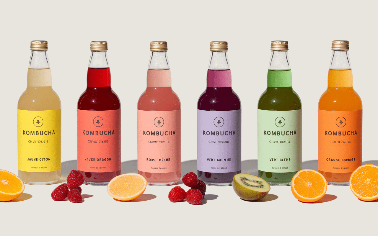 Bouteilles et fruits des 6 saveurs de kombucha