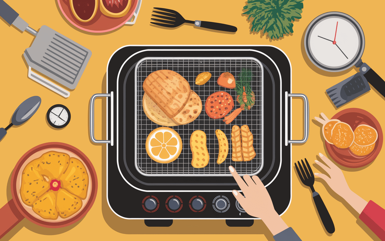 Friteuse à air avec aliments dorés et outils