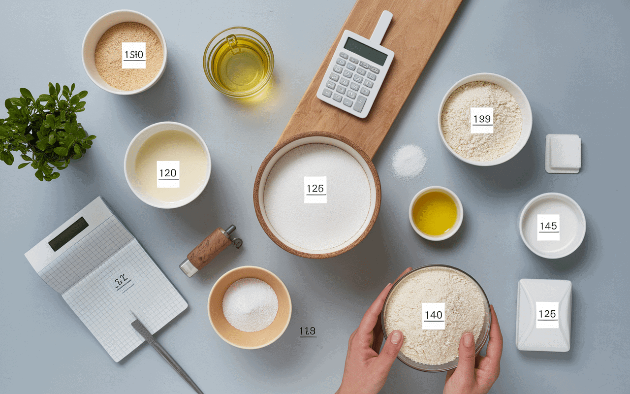 Table de cuisine avec ingrédients et calculateur pour cl en gramme