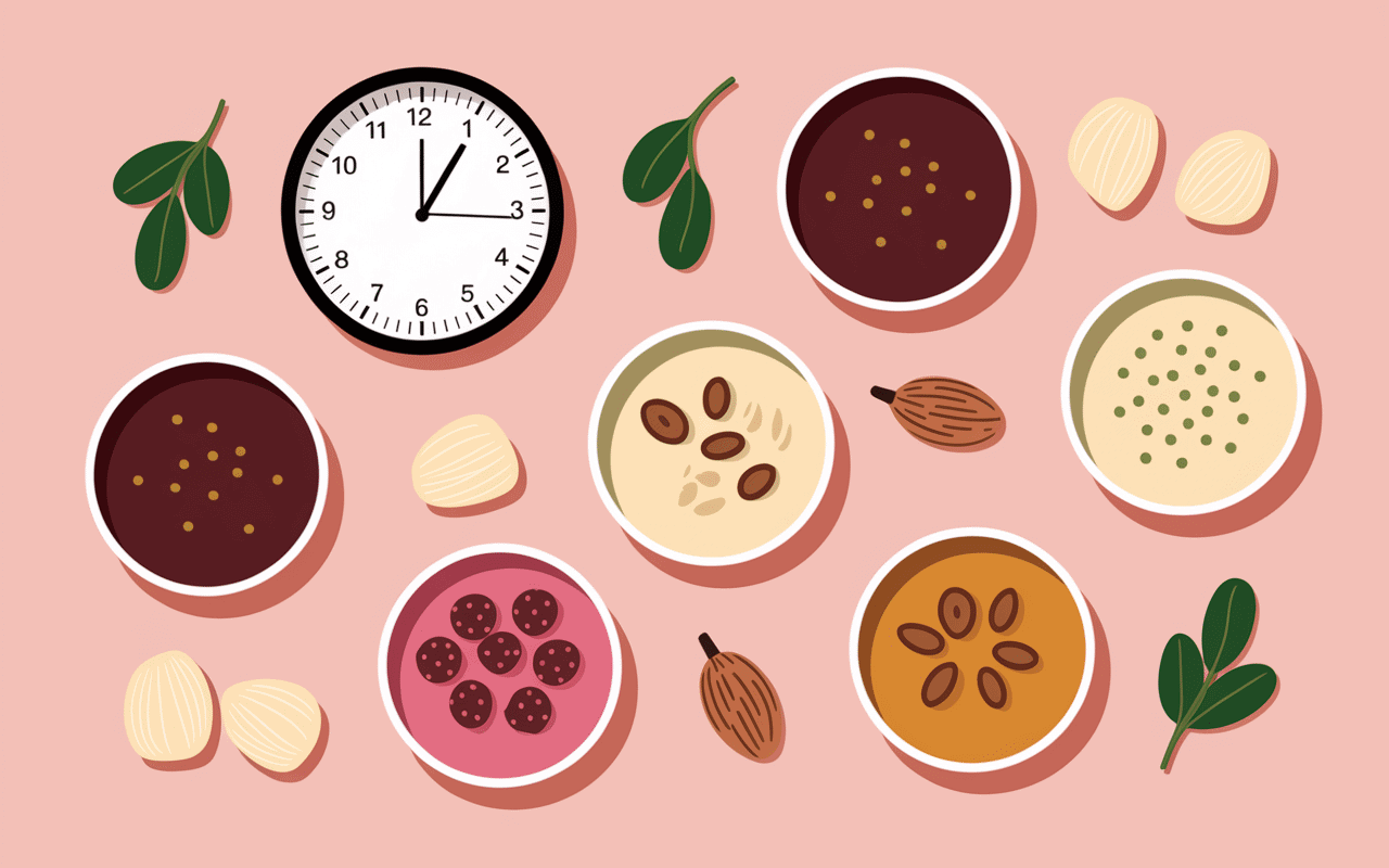Horloge, portions de compote, yaourt, noix, flocons d'avoine