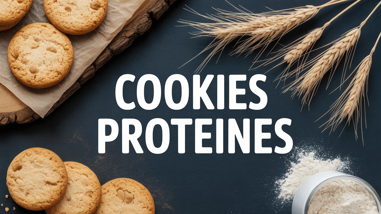 Cookies protéinés dorés sur planche en bois avec poudre et flocons