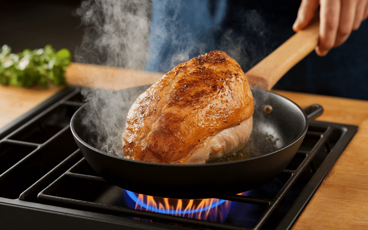 Magret de canard dans poêle en fonte, peau dorée