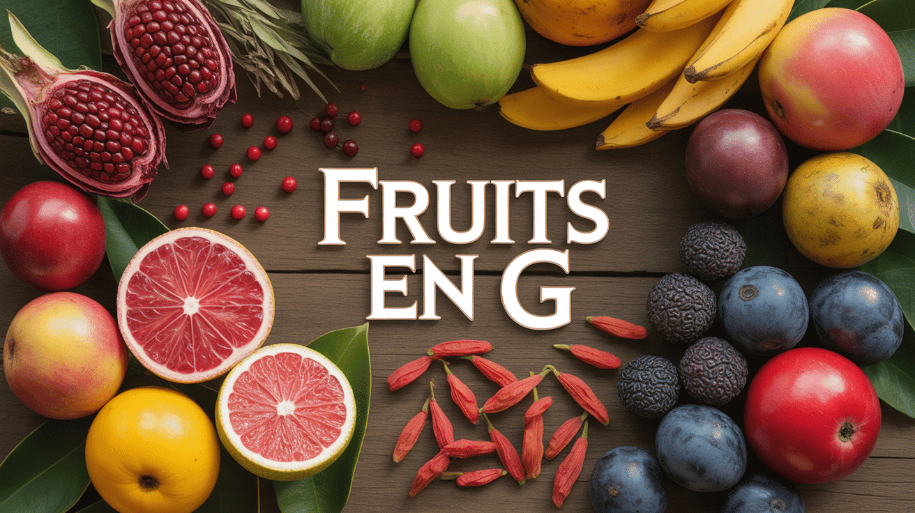 Assortiment coloré de fruits en G sur bois