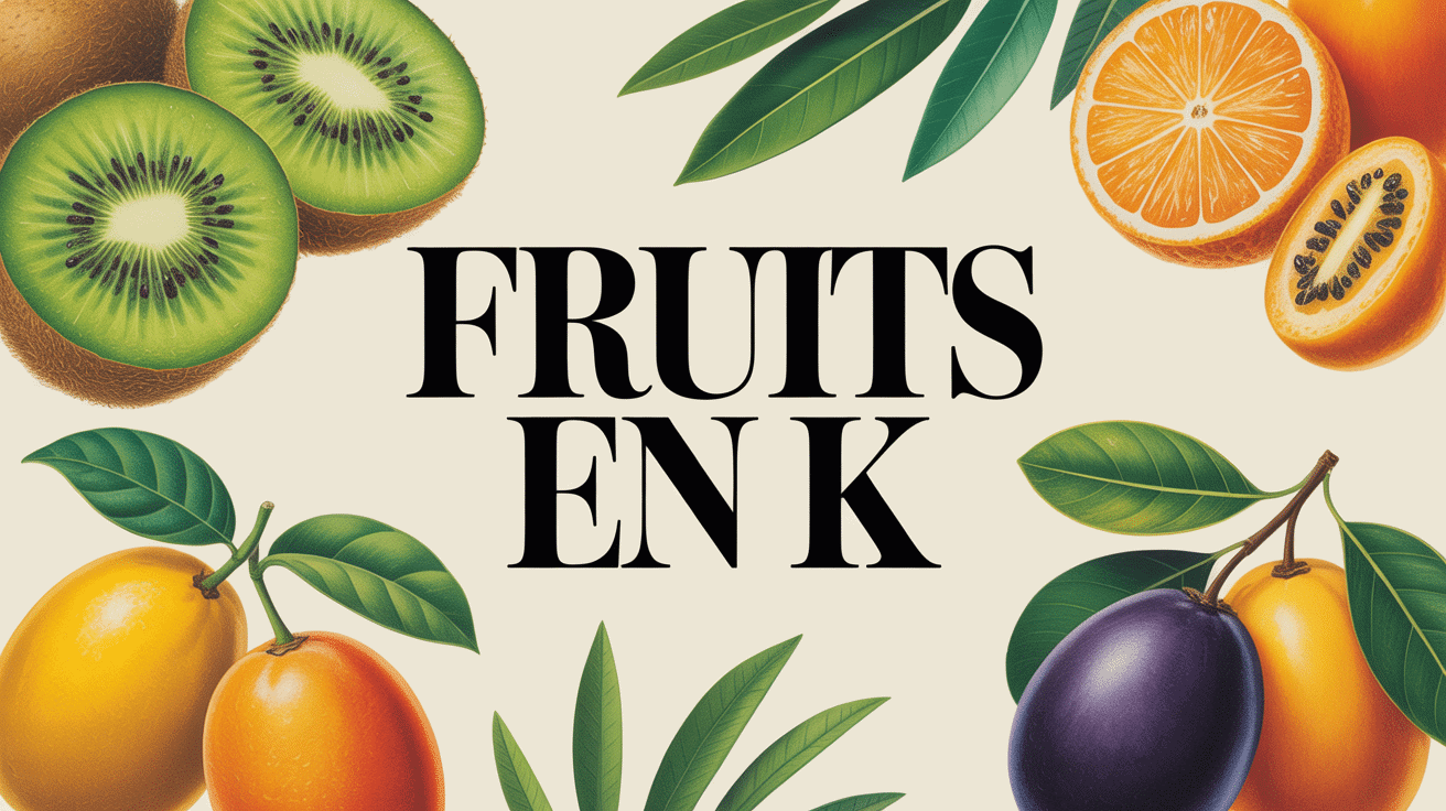 Composition colorée de fruits en K : kiwis, kakis, kumquats