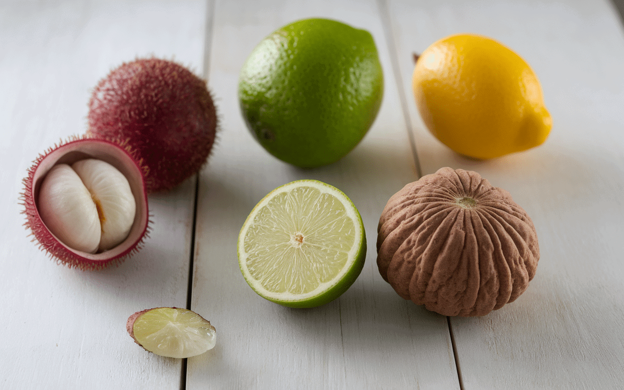 Fruits en L courants sur bois clair