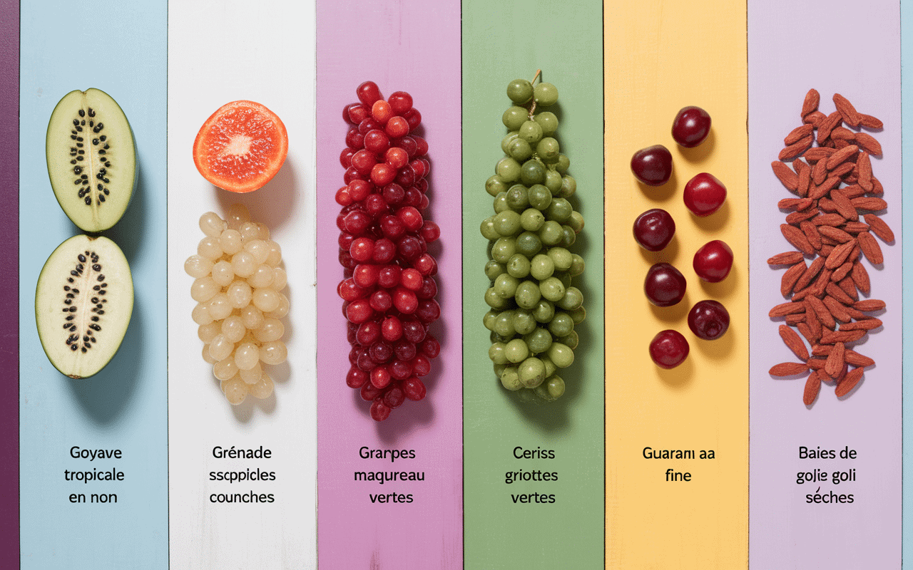 Vue organisée de fruits en G alignés étiquettés
