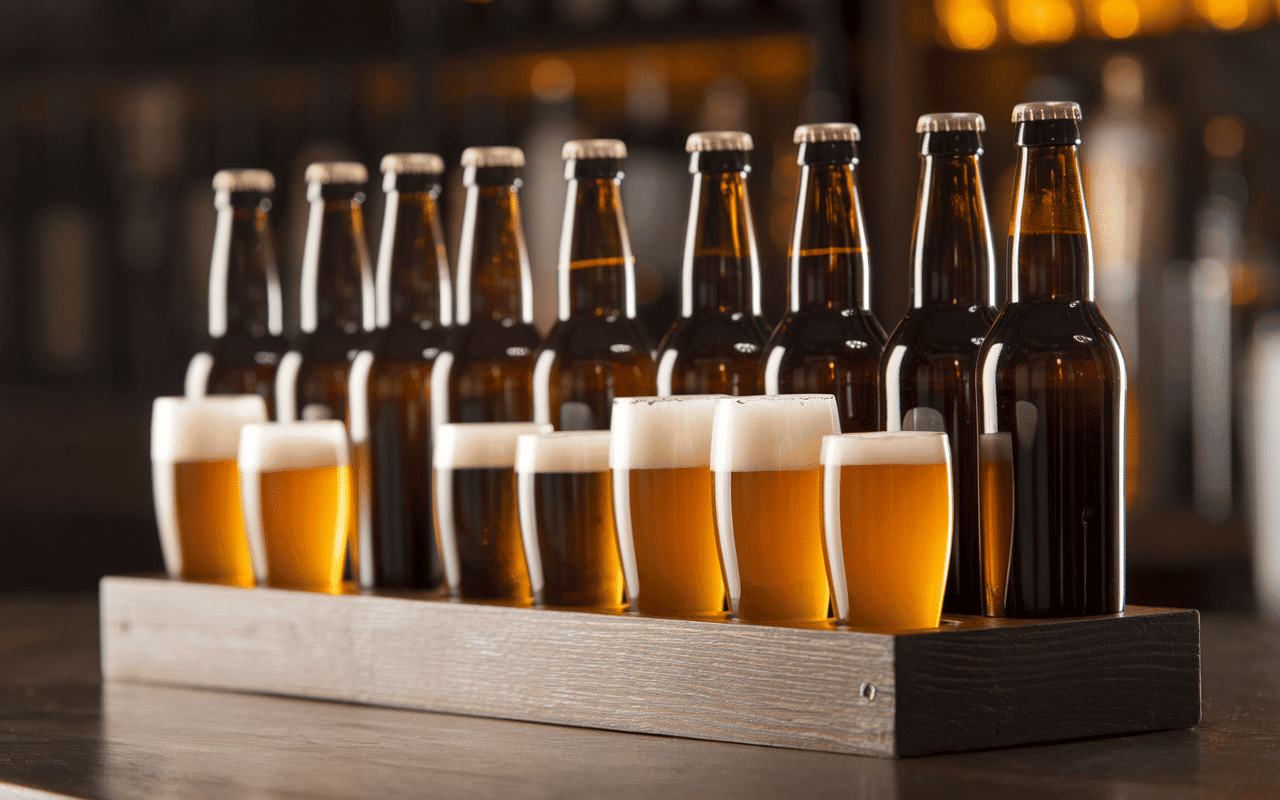 Bouteilles et verres bière blonde